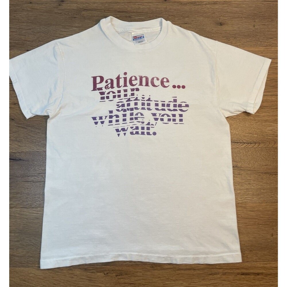 Vintage Hanes Beefy-T Graphic T-Shirt Size Large White Quote Tee USA Patience